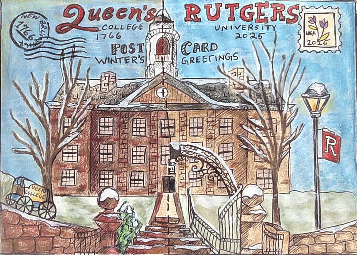 Illustrations of Old Queens gate and building in the snow