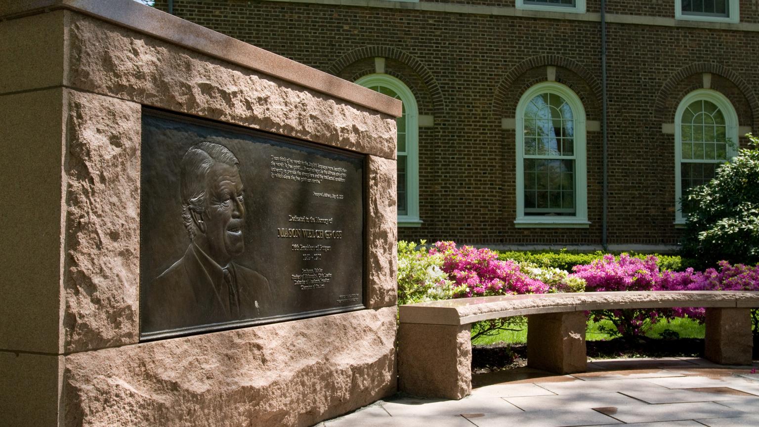 Mason Gross Memorial sculpture by Thomas Jay Warren, honoring Rutgers' 16th president and as a 25th reunion gift of class of 1968, is seen on Voorhees Mall
