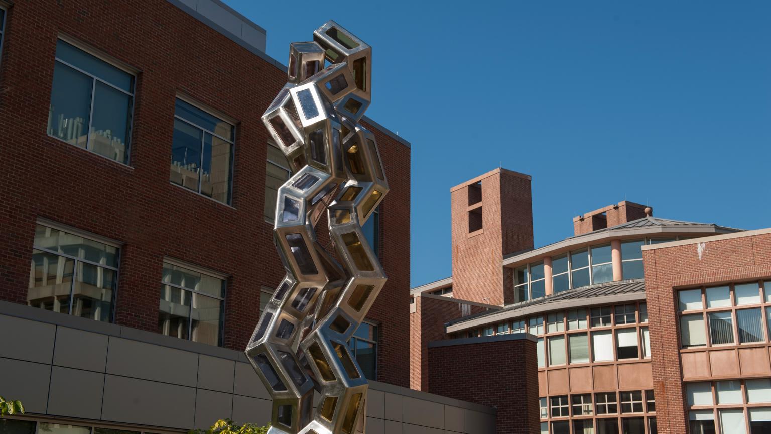 Synergy statue by Julian Voss-Andreae outside the Center for Integrative Proteomics Research and the Center for Advanced Biotechnology and Medicine (CABM)