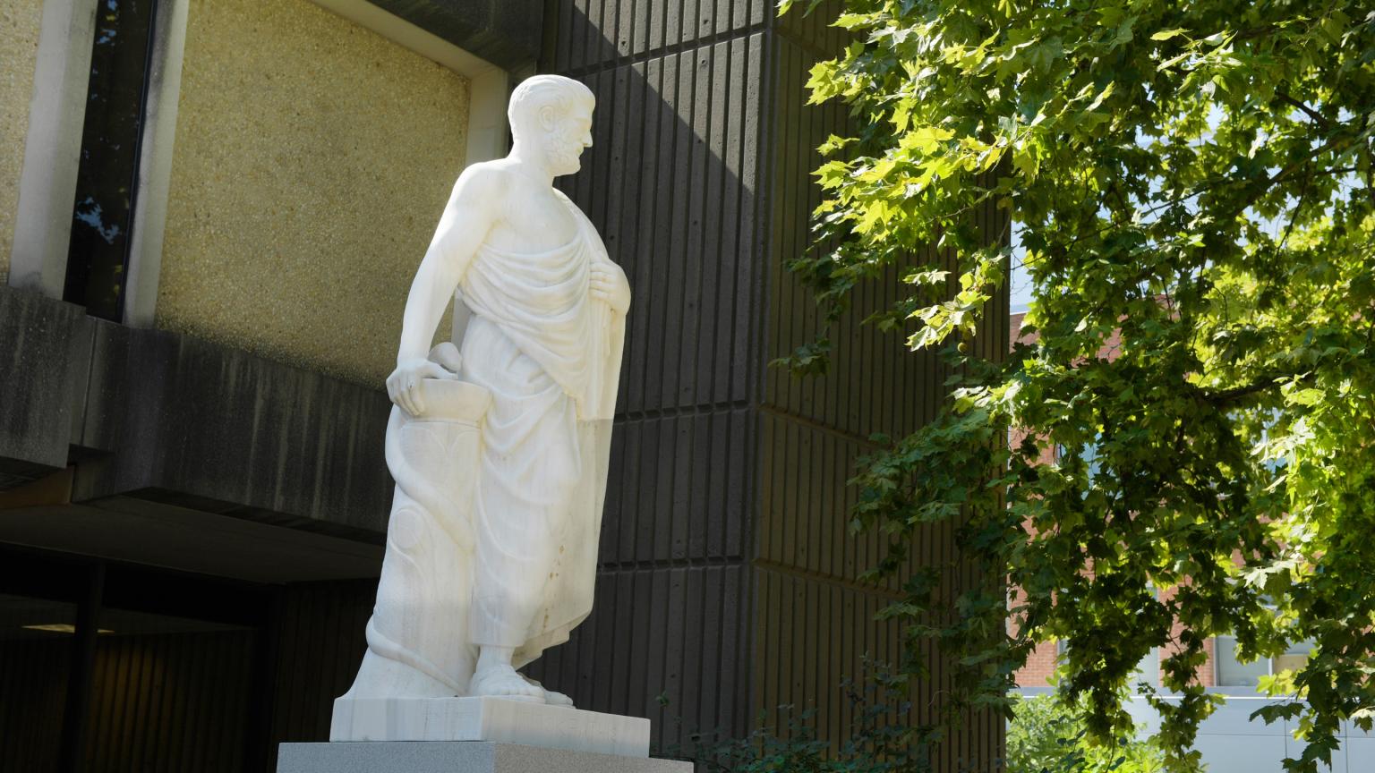 Sculpture of Hippocrates outside the Robert Wood Johnson Medical School on Busch campus