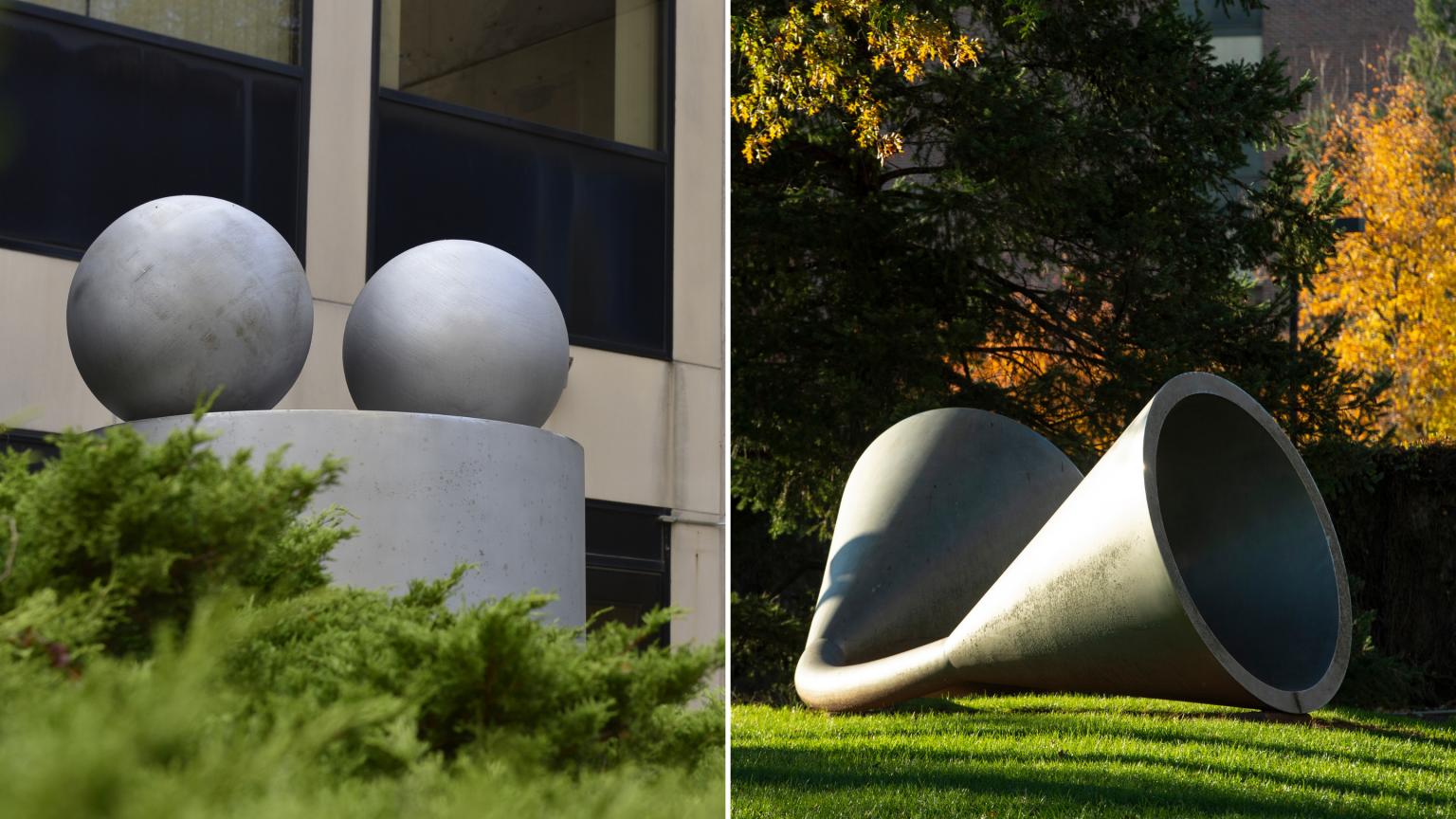 two untitled sculptures created by Patrick Strzelec rest outside of Psychology building on Busch campus