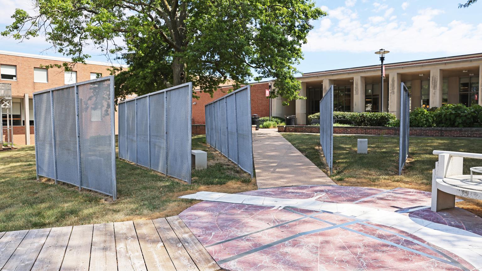Untitled outdoor sculpture by Mary Miss located by Alexander Library