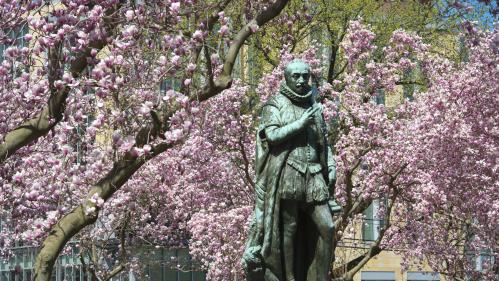 Statue of Willie the Silent surrounded by pink magnolia blossoms on Voorhees Mall in New Brunswick on the College Avenue campus