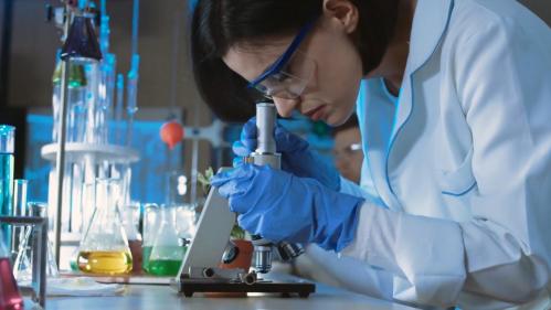 Student looks through microscope in a lab