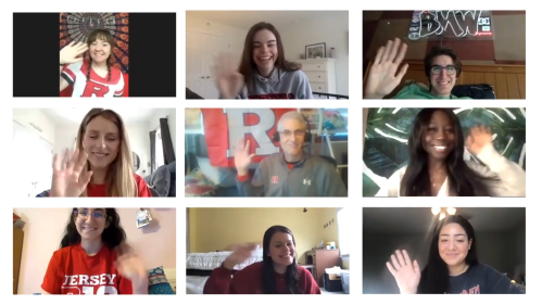 Video screen grab of students waving on a zoom meeting