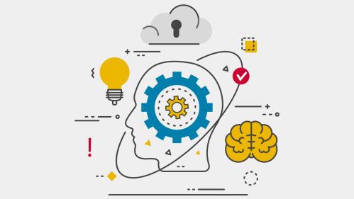 Graphic of a head with various representations of gears as ideas coming out it