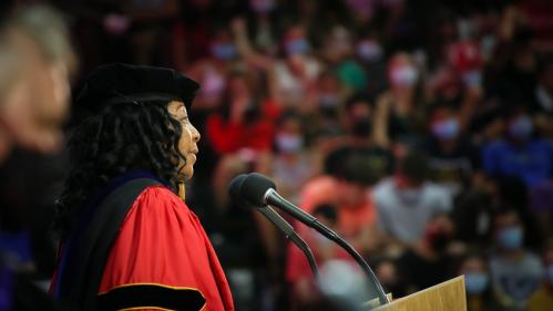 Chancellor-Provost Francine Conway talks to students during New Student Convocation 2021