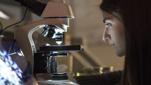 A young woman looks at a specimen through a microscope