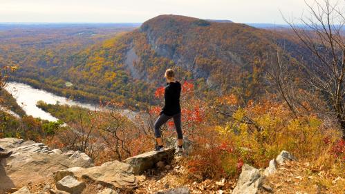 A student stands on a scenic lookout in New Jersey and sees hillsides, orange and red trees, and a waterway below