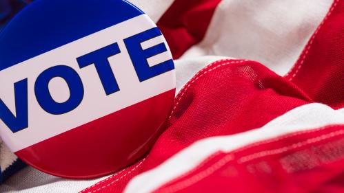 A red, white, and blue button bearing the word vote