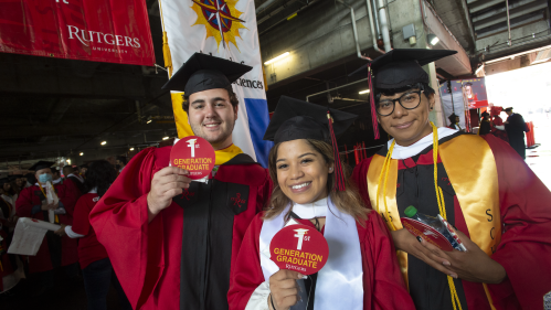 First Generation Graduates Corsey Collins (SAS ’22), Nizaretly Cne (SAS ’22) and Jefferson Manotoa (SAS’22) at Rutgers University-New Brunswick and Rutgers Biomedical and Health Sciences Commencement held at SHi Stadium on the Busch campus