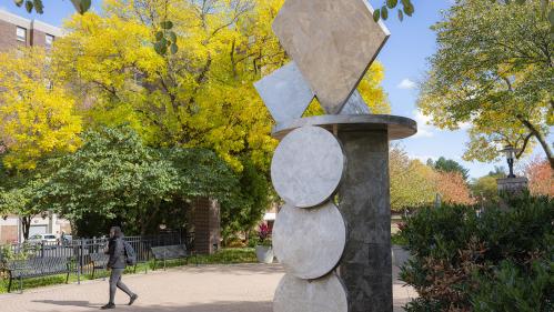 A sculpture on a college campus