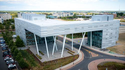 Aerial shot of the Rutgers Business School building on the Livingston Campus