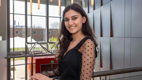 Rutgers-New Brunswick student Asmi Kaushal stands inside the Richard Weeks Hall of Engineering on Busch campus.