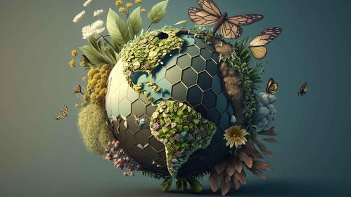 Globe with a greenish tint with flora and fauna erupting from its surface