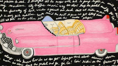 Pink Cadillac (2010) by Bette Blank is a three-color lithograph and five-color silk screen on Somerset white paper. 