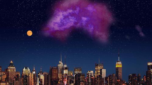 Composite of purple gas cloud over skyline of New York City.