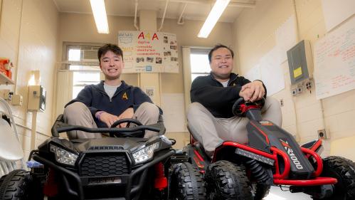 Graduating seniors Michael Gibbons (SOE ’25) and Aaron Clarion (SOE ’25), roommates and founders of A's 4 All (Accessible, Accommodating, Adaptive and Adventurous for All), design and modify toys and devices for children with physical and developmental disabilities.