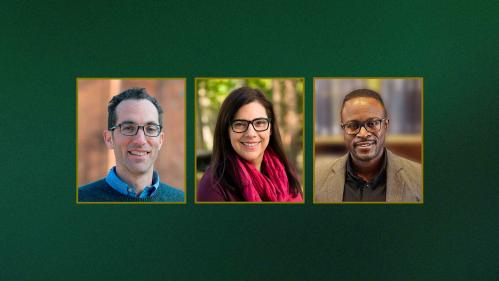 Three portraits of people lined up against a green background