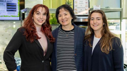 Jacqueline Skunakis (left), poses with Professor Yanhong Jin and fellow student Jess Dugo in Harvest, a cafe within the New Jersey Institute for Food, Nutrition and Health.