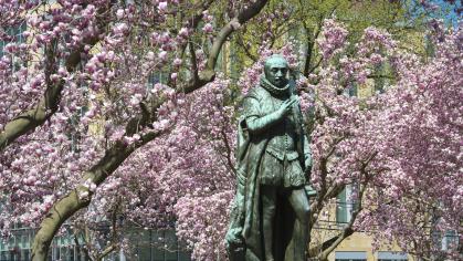 Statue of Willie the Silent surrounded by pink magnolia blossoms on Voorhees Mall in New Brunswick on the College Avenue campus