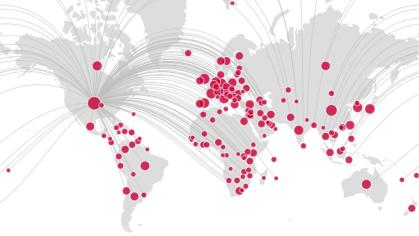 World map with red dots for Rutgers researchers