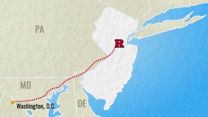 Map of NJ showing Rutgers New Brunswick's proximity to Washington D.C.