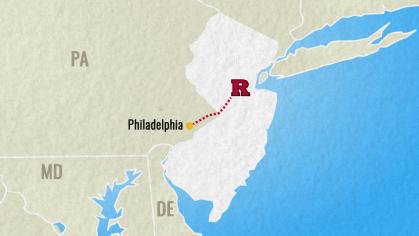 Map of NJ showing Rutgers New Brunswick's proximity to Philadelphia.