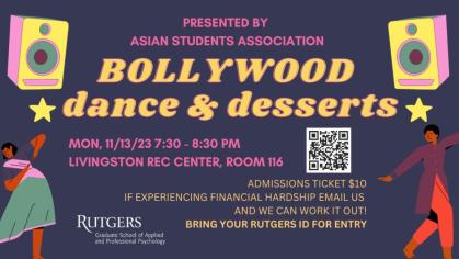 A graphic for the Bollywood Dance and Desserts event hosted by the Asian Students Association. 