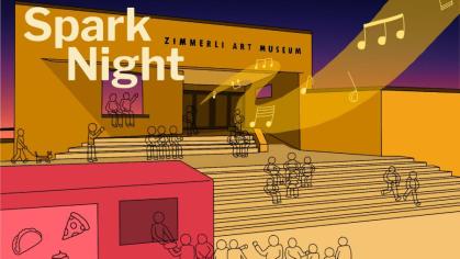 A Spark Night postcard shows an illustration of people on the front steps of the Zimmerli Art Museum