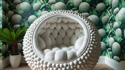 Lychee-inspired spherical chair, with a bumpy white exterior and plush interior, set against tropical wallpaper. Generated with Dall-E 3
