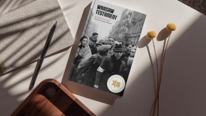 An AI-generated image of the book cover Warsaw Testament on a desk next to a pen and a notepad