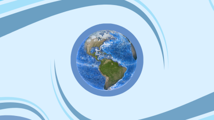 A flat image of the Earth surrounded by blue swirls