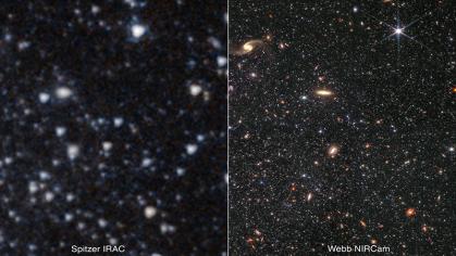 A comparison of images of the WLM galaxy taken by the Hubble Space Telescope (left) and the Webb Telescope.