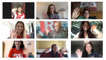 Video screen grab of students waving on a zoom meeting