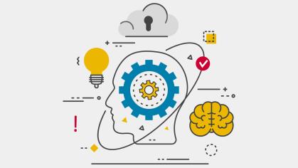 Graphic of a head with various representations of gears as ideas coming out it