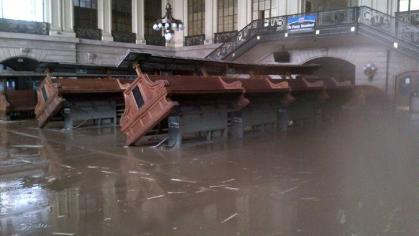The Hoboken train terminal is overwhelmed with flooding after Hurricane Sandy hit New Jersey Sept. 29, 2012. Experts say the damage to NJ Transit spurred investment in resiliency, but more needs to be done.  