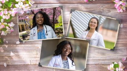An illustration with snapshots of three medical professionals and moms at Rutgers