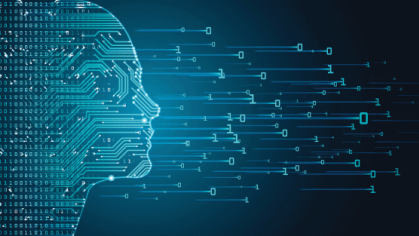 An outline of a human head made out of computer chip lines and numbers