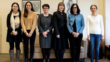 Recent graduate Jinyoung Park, and current faculty members: María Soria-Carro, Fioralba Cakoni, Kristen Hendricks, Lisa Carbone, Nataša Šešum