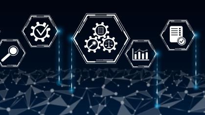 Blue landscape with hexagons floating with icons on them like a magnifying glass, a thermometer, and a chart