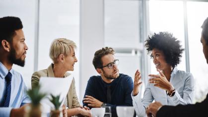 Colleagues at work having a discussion