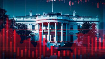 An economic bar graph is superimposed over an image of the White House.