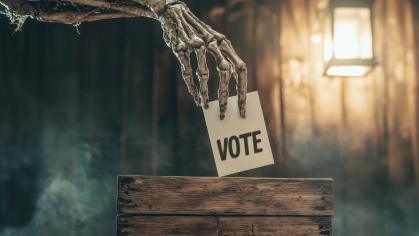 A skeletal hand places a ballot in a box.