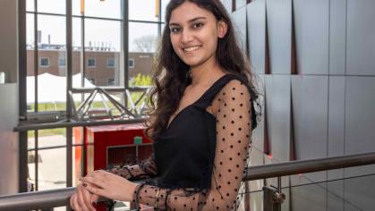 Rutgers-New Brunswick student Asmi Kaushal stands inside the Richard Weeks Hall of Engineering on Busch campus.