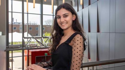 Rutgers-New Brunswick student Asmi Kaushal stands inside the Richard Weeks Hall of Engineering on Busch campus.
