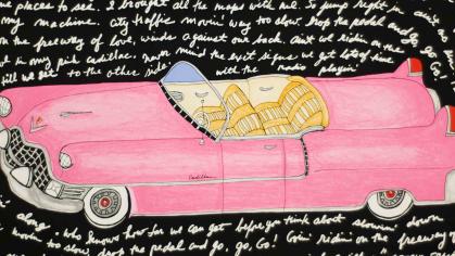 Pink Cadillac (2010) by Bette Blank is a three-color lithograph and five-color silk screen on Somerset white paper. 
