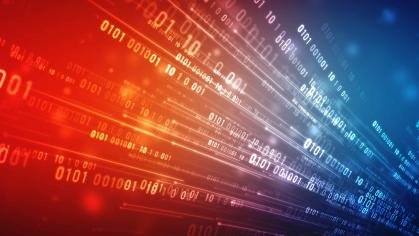 Background that changes from red (left) to blue (right) with streams of digital symbols emanating from bottom right to upper left.