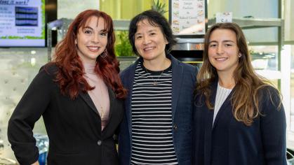 Jacqueline Skunakis (left), poses with Professor Yanhong Jin and fellow student Jess Dugo in Harvest, a cafe within the New Jersey Institute for Food, Nutrition and Health.