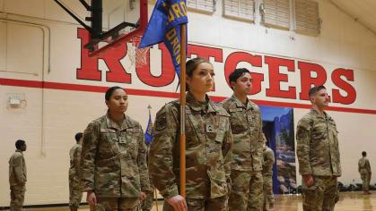 Cadets Marykirsten Taino (left), Katelyn Kazantzis, Alexander Cocuzza and Joseph Lisnak practice drill and ceremonies during a spring 2025 Leadership Lab in the gym of the Cook/Douglass Recreation Center.
